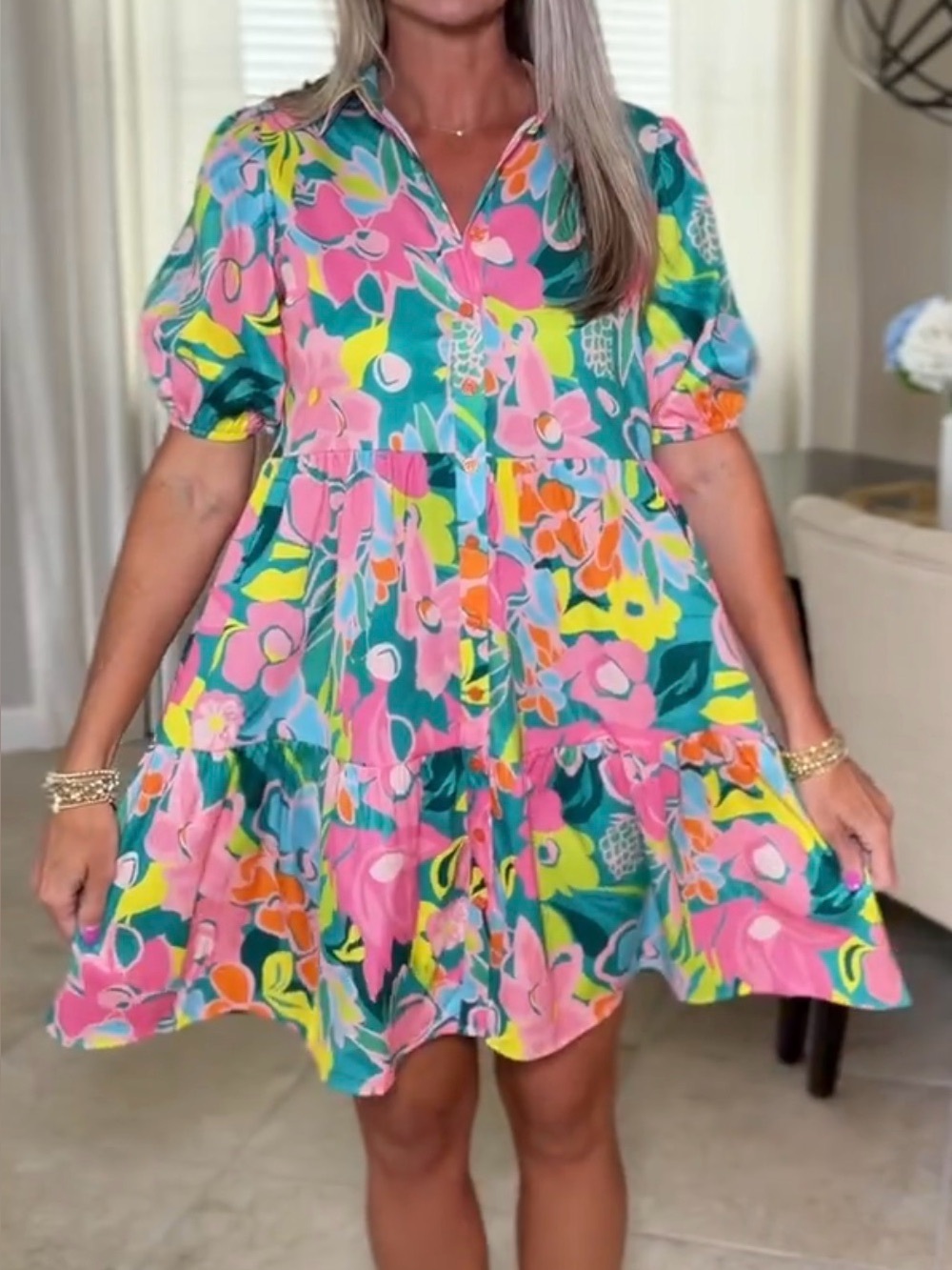 Asvivid Women's Floral Printed Puff Sleeve Mini Dress Collared Neck Button Down